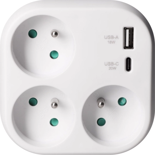 Solight sadalītājs ar 3 kontaktligzdām un 20 W PD USB ātro uzlādi, balts