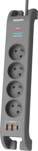 Pārsprieguma aizsargāta pagarinātājrozetes sloksne 2 m, 4 rozetes, 1× USB‑C, 2× USB‑A, PD 20 W / QC 18 W, 2400 J – Philips