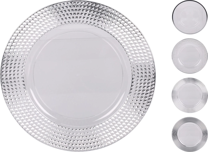 Plastic silver plate 33 cm with decorative rim