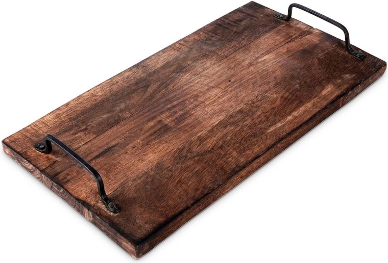 Koka servēšanas paplāte ar metāla rokturiem 40,5 × 21,5 cm