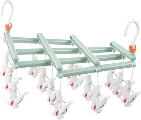 Folding laundry hanger with pegs, 14 pegs, green