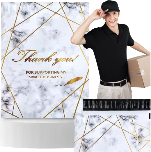 Kurjeru folijpaku maisi 380 × 520 mm, zelta marmors ar uzdruku Thank You, 50 gab.