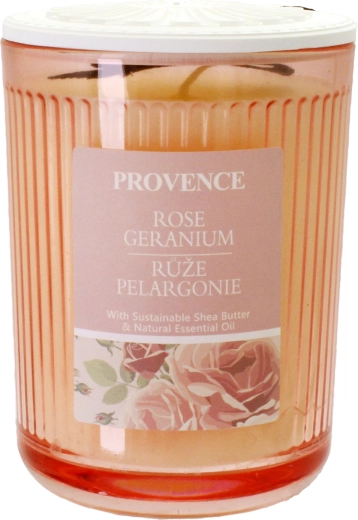 Aromātiskā svece stikla traukā Provence ar rožu un pelargoniju aromātu