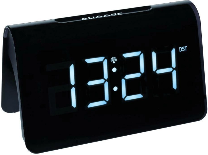 TFA ICON digitālais ar radio vadāms modinātājs ar lieliem LED cipariem, melnbalts