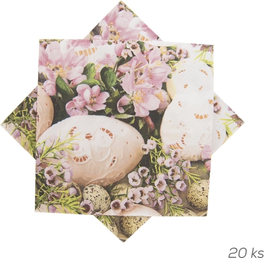 Paper napkins with an eggs and flowers pattern, 33 × 33 cm, 20 pcs