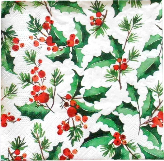 Ziemassvētku salvetes ar aslapu (holly) motīvu, 3 kārtas, 33 × 33 cm - 1 gab.