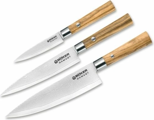 Set of Damascus Steel Kitchen Knives with Olive Wood 3 pcs – Böker Manufaktur Solingen