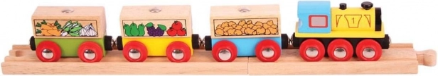 Bigjigs Rail kravas vilciens ar dārzeņiem un sliedēm