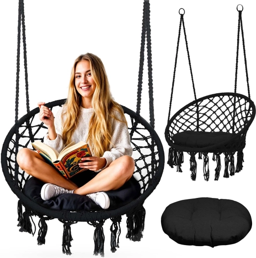 Piekaramais krēsls boho stilā melnā krāsā ar spilvenu
