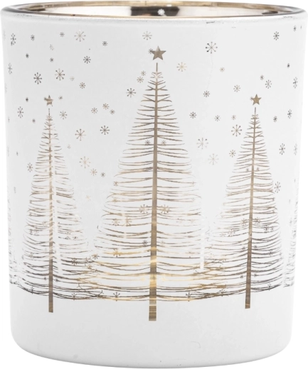 White-and-gold glass tealight candle holder with a Christmas tree pattern