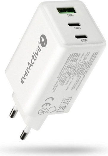 Tīkla lādētājs everActive GaN 65W ar USB un 2× USB‑C PD PPS QC4+, balts