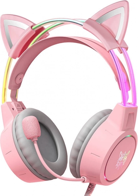 Onikuma X15 Pro rozā spēļu austiņas ar kaķu ausīm
