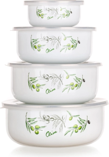 Emaljētu bļodu komplekts ar vākiem OLIVES, 4 gab. (10–18 cm)