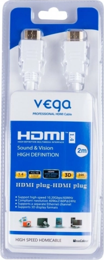 Vega HDMI kabelis 3D, apzeltīti konektori, 2 m, balts