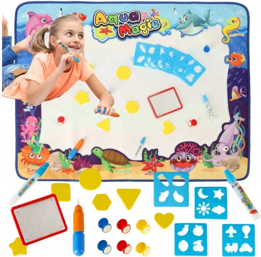 Aqua Magic ūdens zīmēšanas paliktnis XXL ar spiedogiem un veidnēm 100 × 80 cm