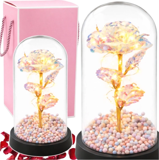 Kristāla mūžīgā roze stikla kupolā ar LED apgaismojumu 21,5 × 11 cm