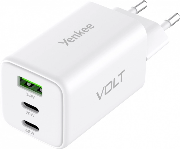 Tīkla lādētājs VOLT 65 W GaN, 3× USB (2× USB‑C + 1× USB‑A) ar Power Delivery 3.0 un QC 4.0