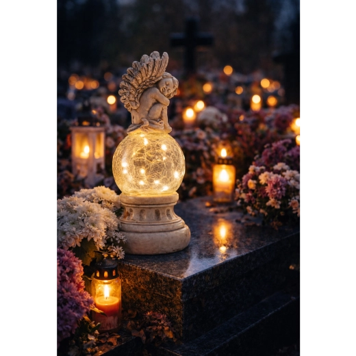 Solar garden light with angel and crackle glass
