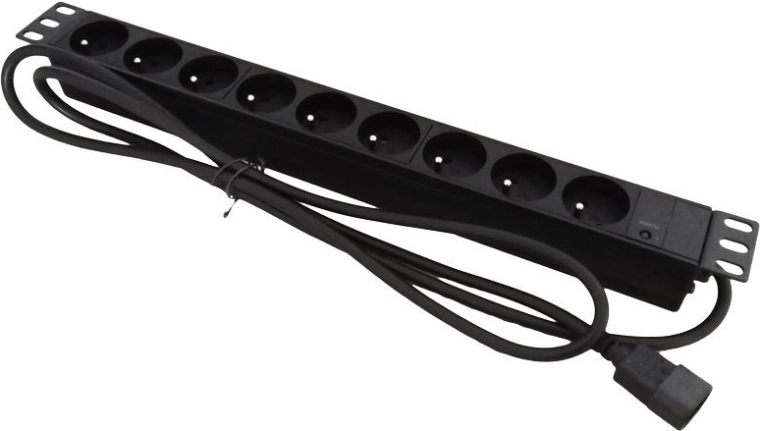 Kontaktligzda strāvas sadales sloksne 19" 9× CEE 7/5 ar C14 spraudni rack skapim