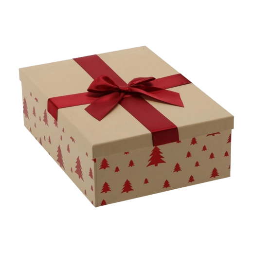 Svētku dāvanu kastīte brūna ar bordo banti 30,5 × 22 × 10 cm – 1 gab.