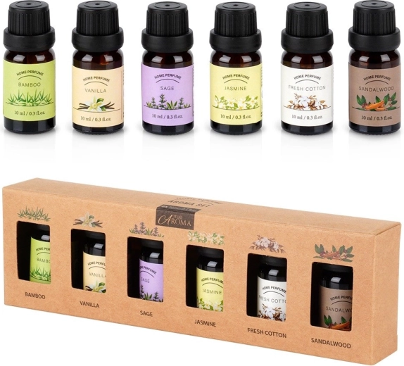Dāvanu komplekts ēterisko eļļu 6×10 ml – bambuss, vaniļa, salvija, jasmīns, fresh cotton, sandalkoks
