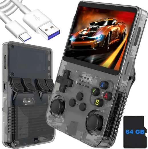 Pārnēsājama retro spēļu konsole Renew Force R36S melna 64 GB ar ArkOS 2.0