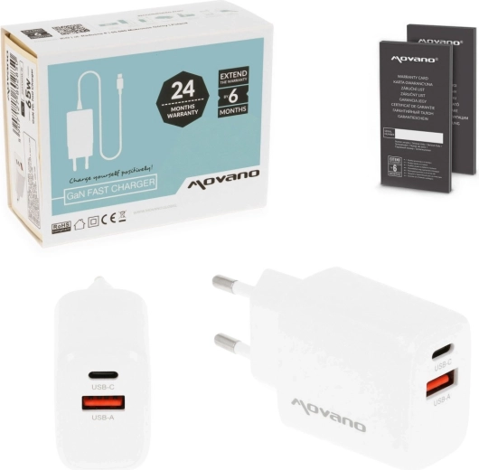 Movano GaN lādētājs 30 W USB-C PD + USB-A, balts - 1 gab.