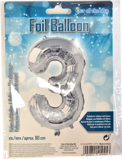 Sudraba folijas balons cipara 3 formā, 80 cm