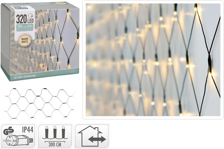 Ziemassvētku LED gaismas tīkls 1,5 × 3 m, 320 LED, silti balts, IP44