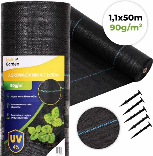 UV izturīgs pretnezāļu audums 90 g/m², 1,1 × 50 m ar stiprinājuma tapām, MultiGarden