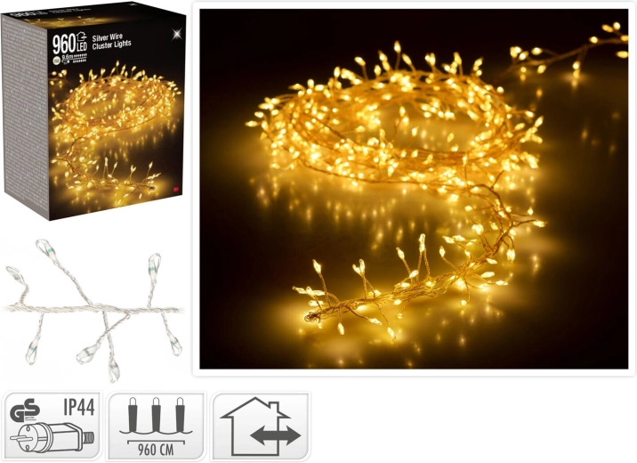 Ziemassvētku LED apgaismojums 9,6 m 960 LED silti balts uz sudraba stieples