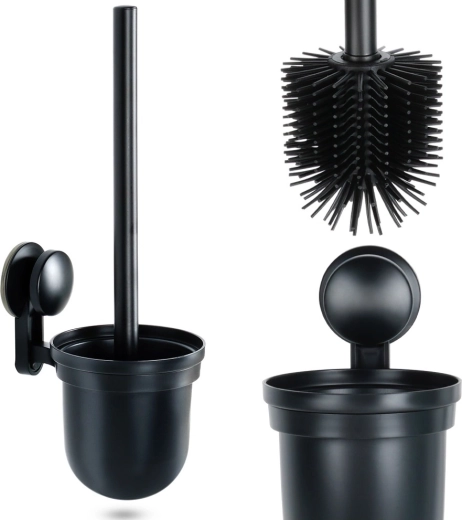Silicone toilet brush with wall-mounted holder and drip tray, black