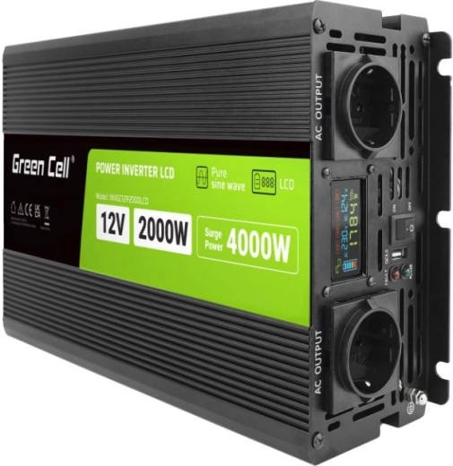 Sprieguma pārveidotājs 12 V 2000 W tīra sinusoīda ar LCD displeju