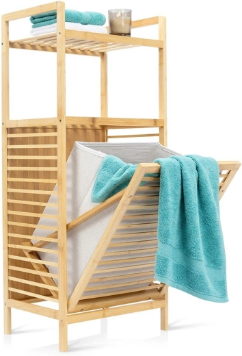 Bamboo bathroom shelving unit with laundry basket Vilde 40 × 30 × 95 cm