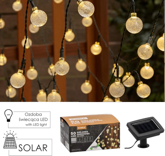 Saules dārza gaismas virtene Bubble 50 LED silti balta 9,35 m