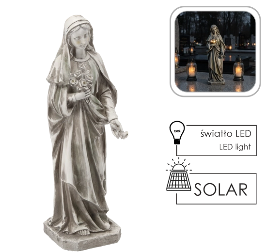 Saules enerģijas Jaunavas Marijas figūra ar LED pušķi, bēša, 51 cm