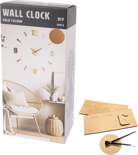 Self-adhesive wooden wall clock with a gold effect