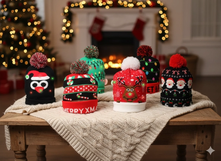 Ziemassvētku ziemas cepures ar LED, rakstu miks (komplekts 8 gab.)