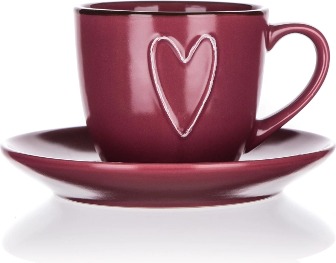 Keramikas tasīte ar apakštasīti 260 ml HEART, bordo