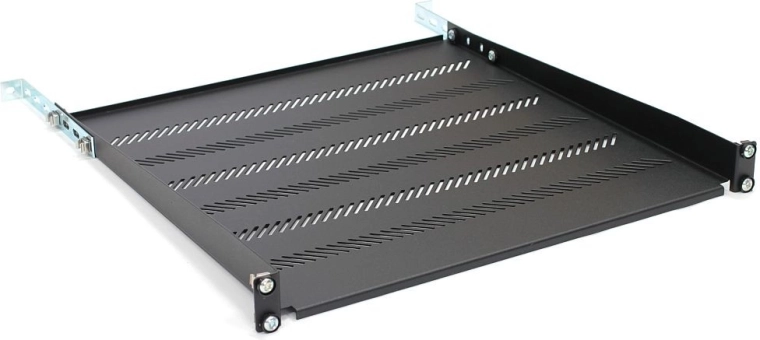 19" rack plaukts 1U, 483 × 450 mm, melns, perforēts ar regulējamu montāžu un atbalstu