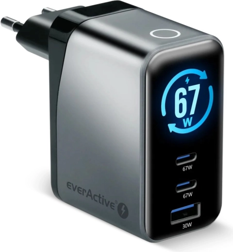 EverActive GaN Charger 67 W with LCD (2× USB-C + USB-A)