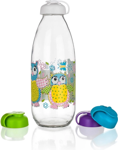 Piena pudele 1 l ar vāciņu – Pūces motīvs, stikls
