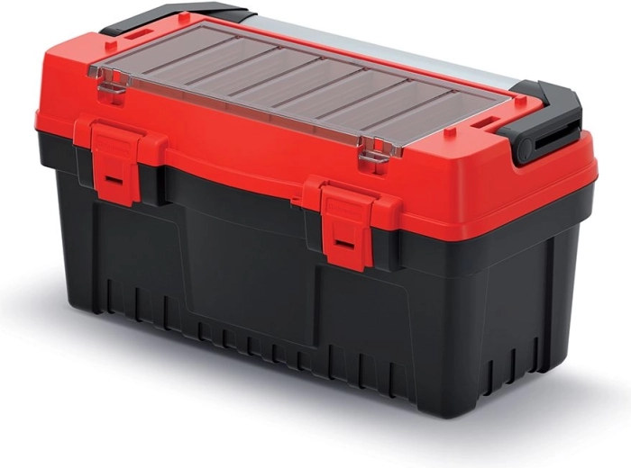 EVO instrumentu kaste ar metāla rokturi, starpsienām un organizatoru, 548 × 274 × 286 mm – sarkana