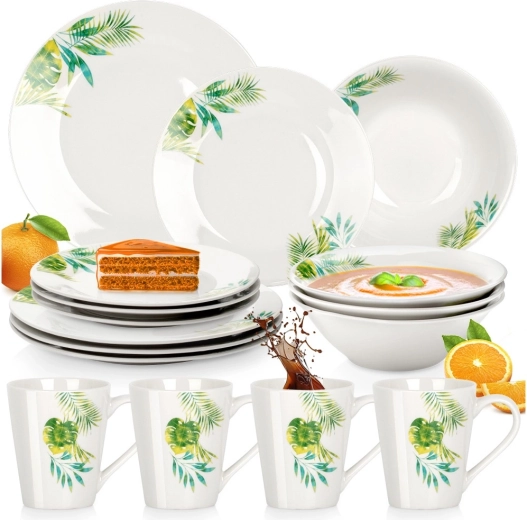 Porcelāna pusdienu servīze ar tropisku augu motīvu, 16 daļas