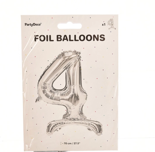Stāvošs folijas balons cipars 4, sudraba krāsā, 70 cm
