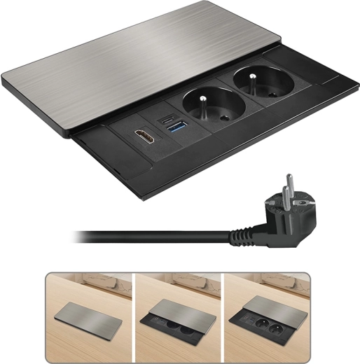 Solight iebūvējams kontaktligzdu bloks ar bīdāmu vāciņu, HDMI un USB uzlādi 20 W PD, sudraba krāsā