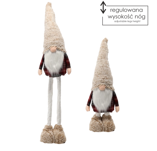 Ziemassvētku rūķītis gnome ar regulējamām kājām bēšs-sarkans - 1 gab.
