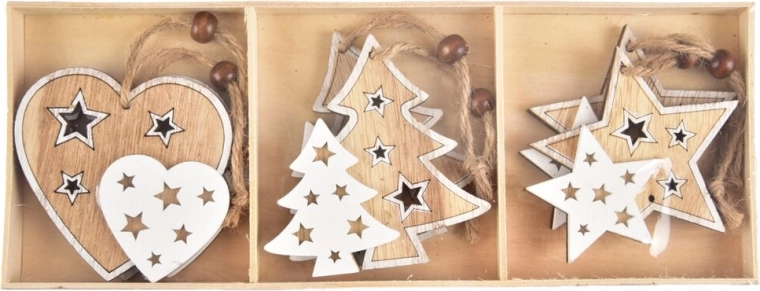Hanging wooden ornament, brown and white, 8 cm (6 pcs)