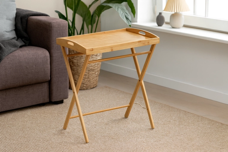 Folding bamboo serving table with removable tray 49 × 35 × 59 cm