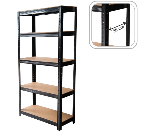 Metāla plaukts ar 5 plauktiem 180 × 90 × 30 cm, melns, plaukta nestspēja 175 kg
